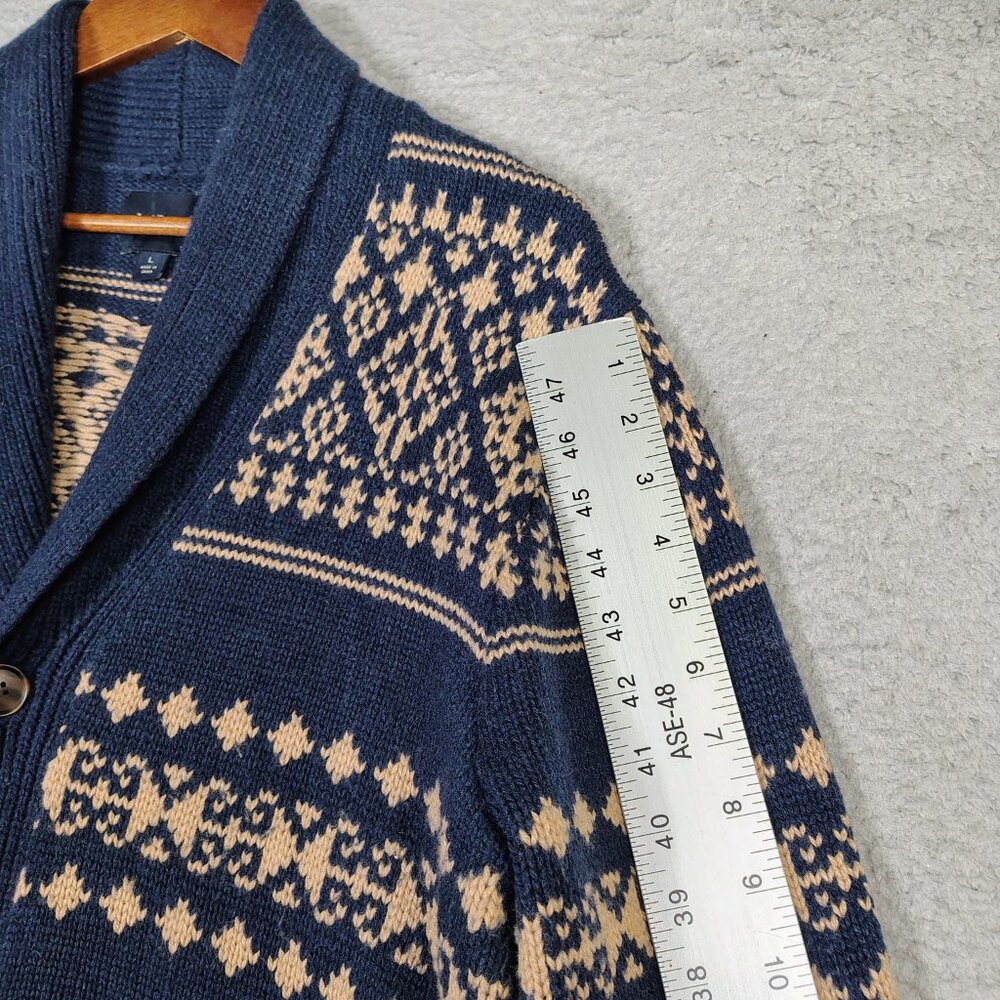 J.Crew Cardigan Sweater Mens Large Navy Beaige Fair Isle Wool Blend Button Front - Picture 6 of 11